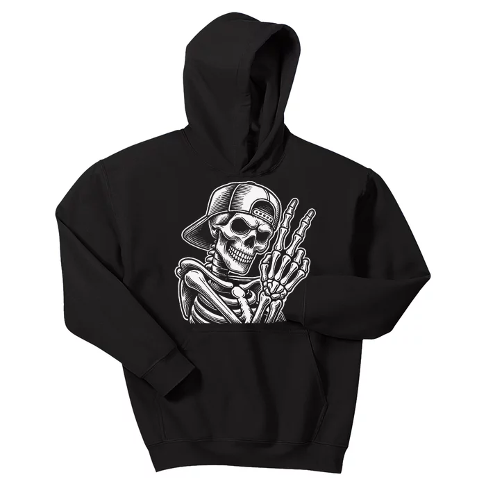 Skeleton Hand Peace Sign Retro Halloween Skeleton Hand Sign Kids Hoodie