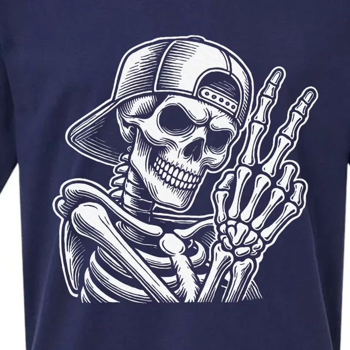 Skeleton Hand Peace Sign Retro Halloween Skeleton Hand Sign Sueded Cloud Jersey T-Shirt