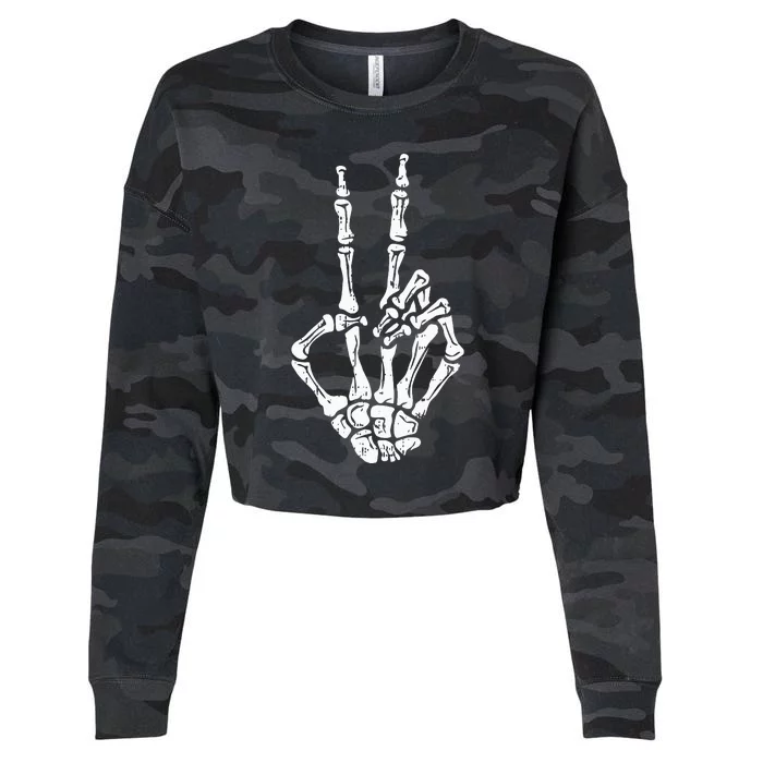 Skeleton Hand Peace Sign Halloween Costume Bones Cropped Pullover Crew