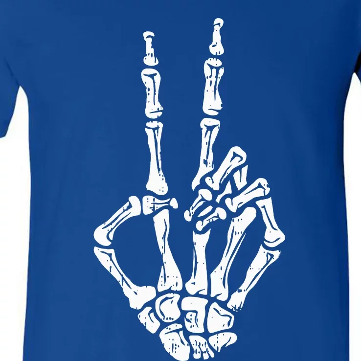 Skeleton Hand Peace Sign Halloween Costume Bones V-Neck T-Shirt