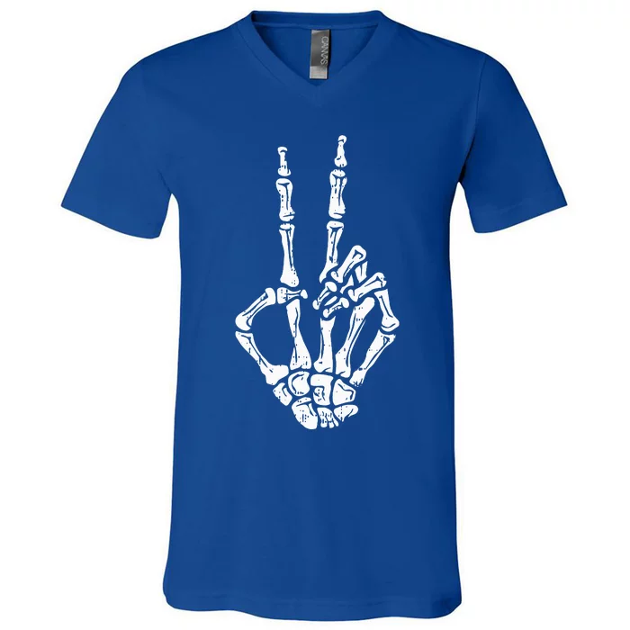 Skeleton Hand Peace Sign Halloween Costume Bones V-Neck T-Shirt