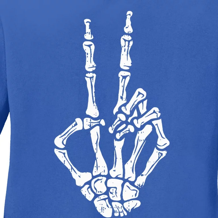 Skeleton Hand Peace Sign Halloween Costume Bones Ladies Long Sleeve Shirt