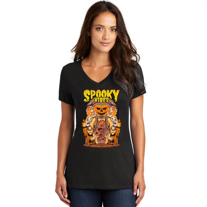 Spooky Halloween Pumpkin And Flames Graphic Women's V-Neck T-Shirt