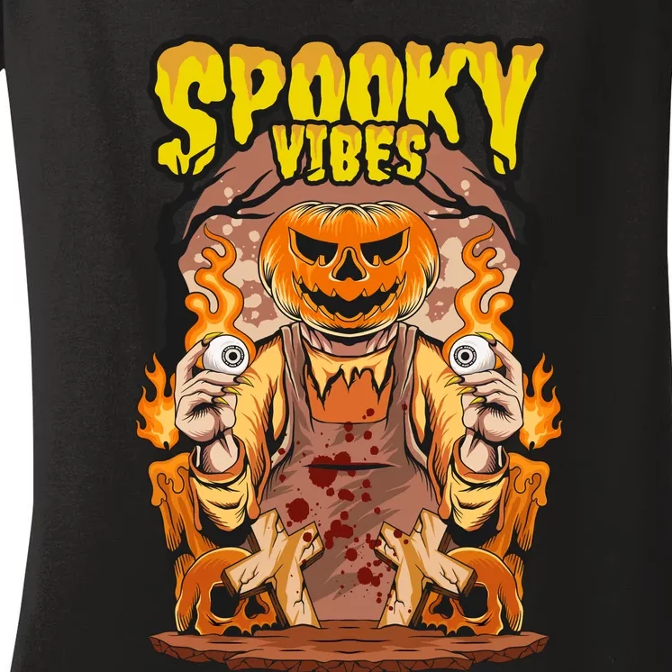 Spooky Halloween Pumpkin And Flames Graphic Women's V-Neck T-Shirt