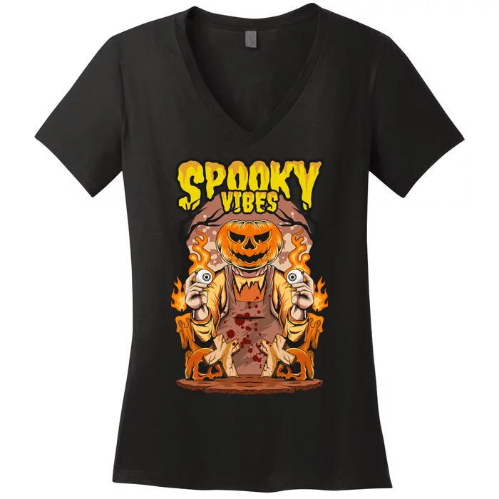 Spooky Halloween Pumpkin And Flames Graphic Women's V-Neck T-Shirt