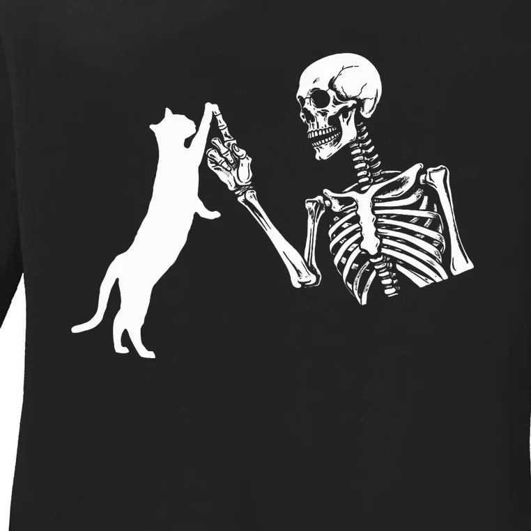 Skeleton Hand Playing Cat Funny Halloween Ladies Long Sleeve Shirt