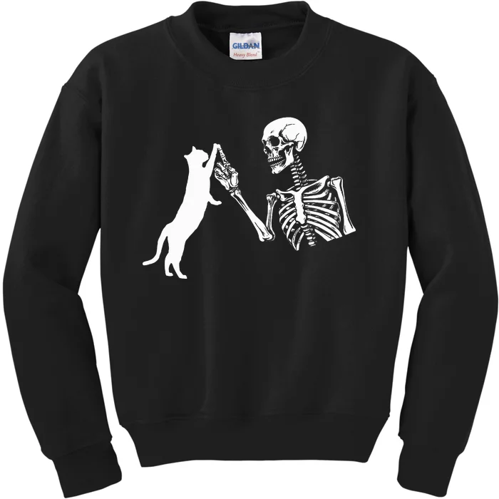 Skeleton Hand Playing Cat Funny Halloween Kids Sweatshirt