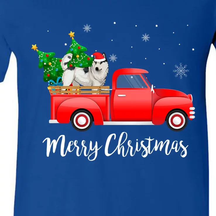 Siberian Husky Red Truck Christmas Tree Xmas Dog Lover Gift V-Neck T-Shirt