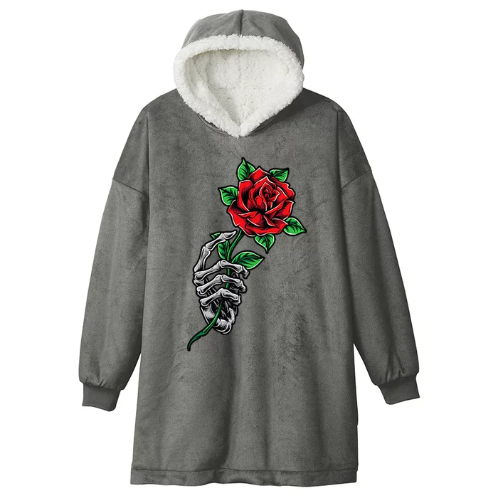 Skeleton Hand Red Rose Flower Hooded Wearable Blanket