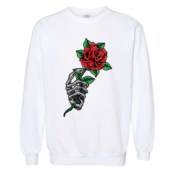 Skeleton Hand Red Rose Flower Garment-Dyed Sweatshirt