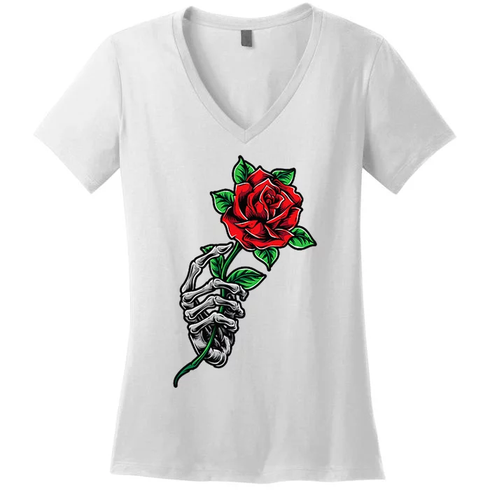 Skeleton Hand Red Rose Flower Women's V-Neck T-Shirt