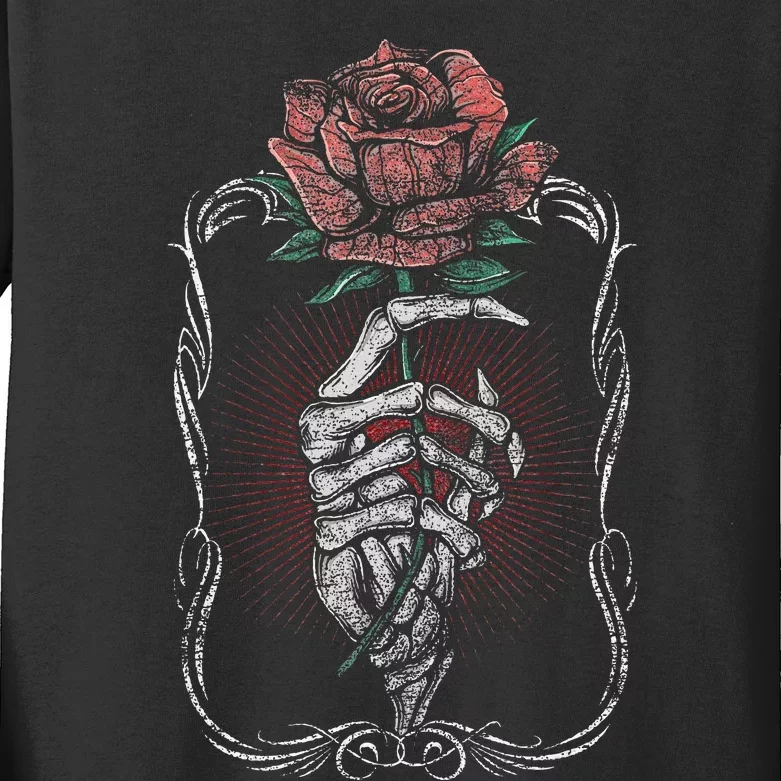 Skeleton Hand Rose Red Flower Gothic Tattoo Skull Occult Kids Long Sleeve Shirt