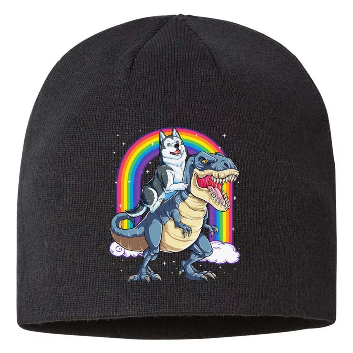 Siberian Husky Riding Dinosaur T rex Gifts Rainbow 8 1/2in Sustainable Knit Beanie