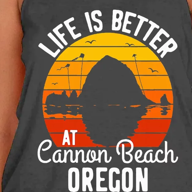 Sunset Haystack Rock Souvenir Life Is Better At Cannon Beach Women's Knotted Racerback Tank