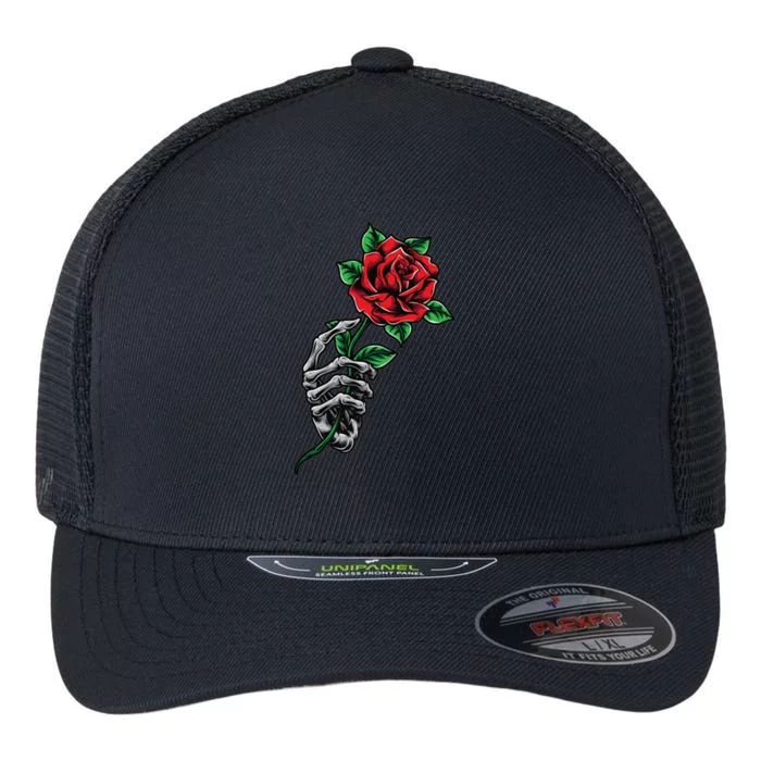 Skeleton Hand Red Rose Flower Flexfit Unipanel Trucker Cap