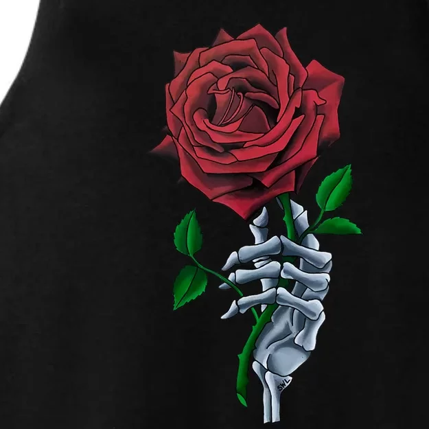 Skeleton Hand Red Rose Flower Ladies Tri-Blend Wicking Tank