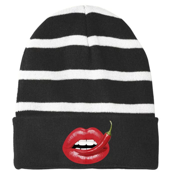 Sexy Hot Red Chili Pepper Lips Striped Beanie with Solid Band