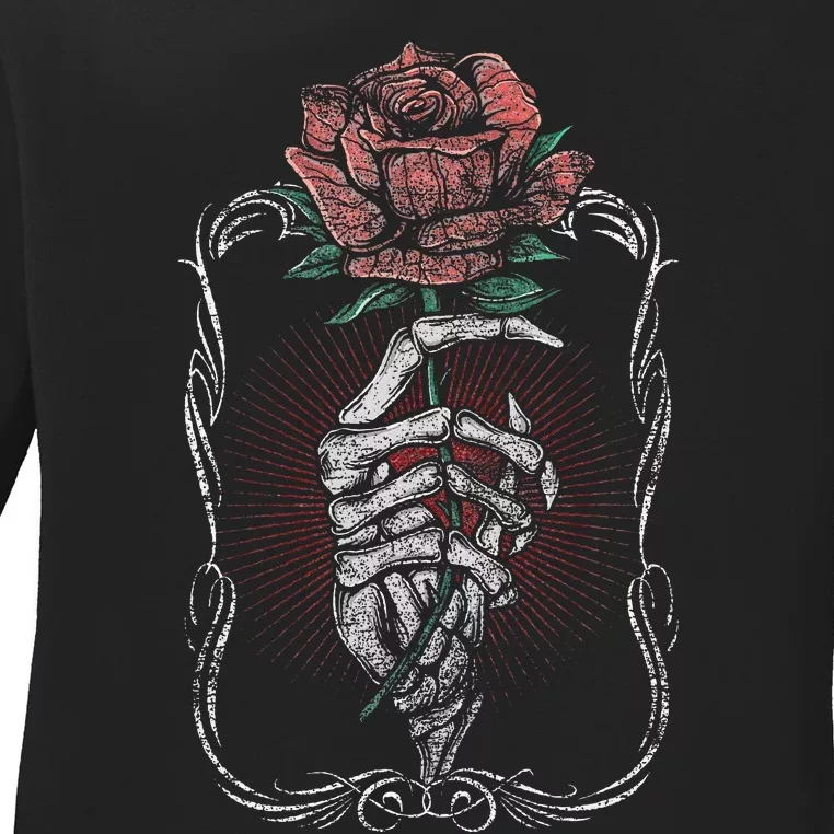 Skeleton Hand Rose Red Flower Gothic Tattoo Skull Occult Ladies Long Sleeve Shirt