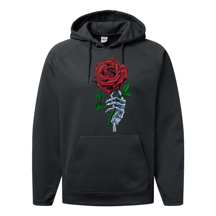 Skeleton Hand Red Rose Flower Performance Fleece Hoodie