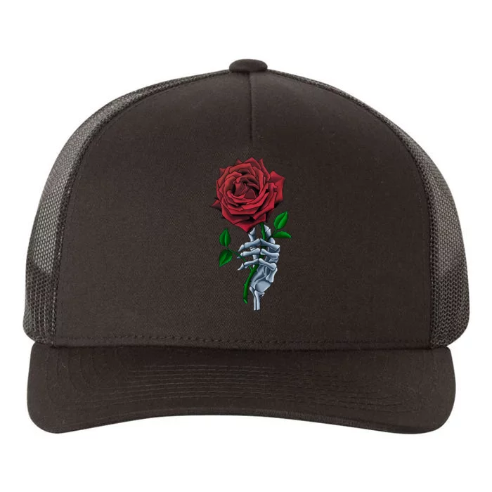 Skeleton Hand Red Rose Flower Yupoong Adult 5-Panel Trucker Hat