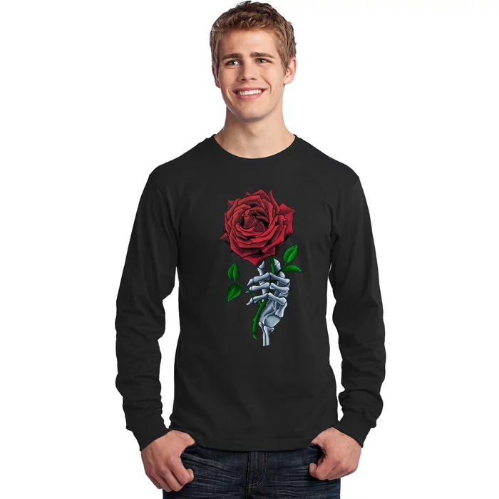 Skeleton Hand Red Rose Flower Long Sleeve Shirt