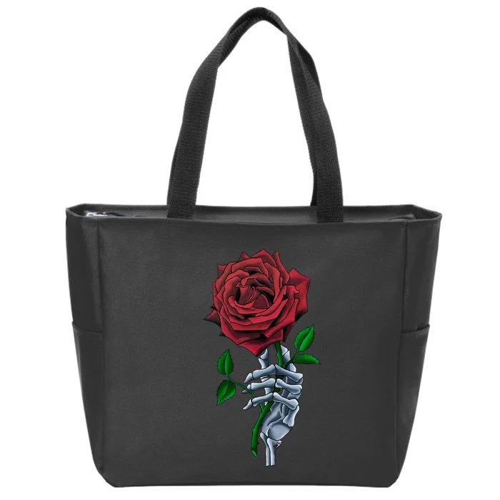 Skeleton Hand Red Rose Flower Zip Tote Bag