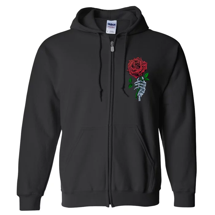 Skeleton Hand Red Rose Flower Full Zip Hoodie