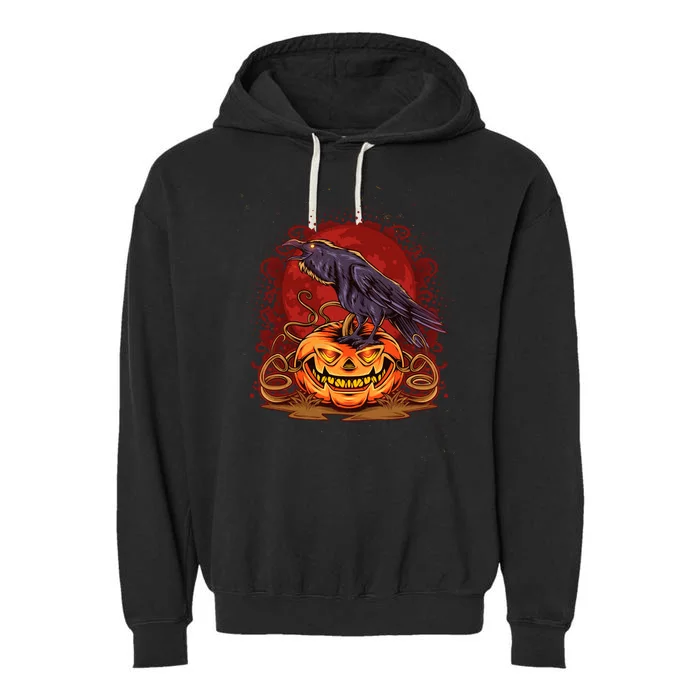 Spooky Halloween Raven Crow Jacklantern Pumpkin Garment-Dyed Fleece Hoodie