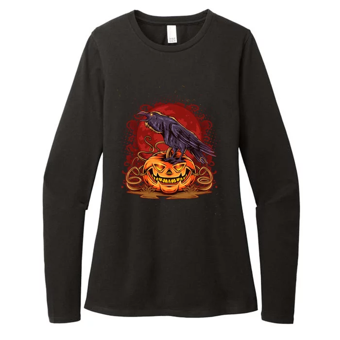 Spooky Halloween Raven Crow Jacklantern Pumpkin Womens CVC Long Sleeve Shirt