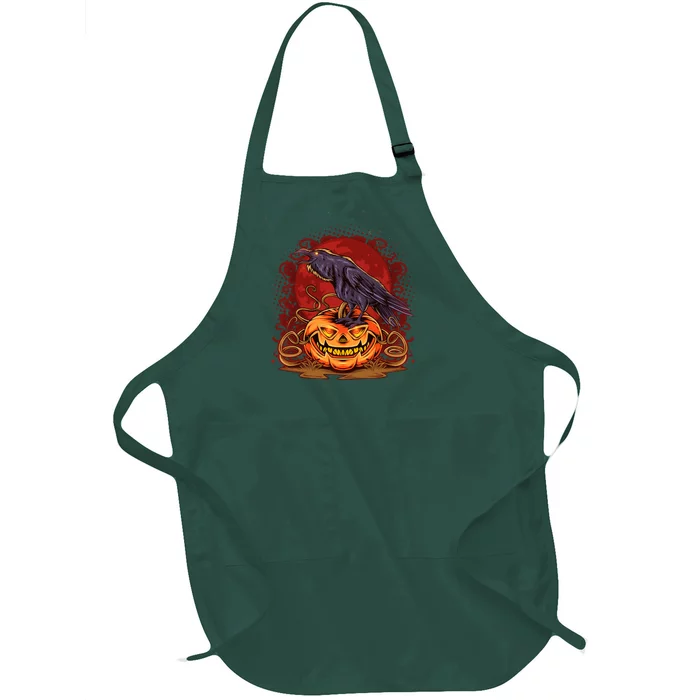 Spooky Halloween Raven Crow Jacklantern Pumpkin Full-Length Apron With Pocket