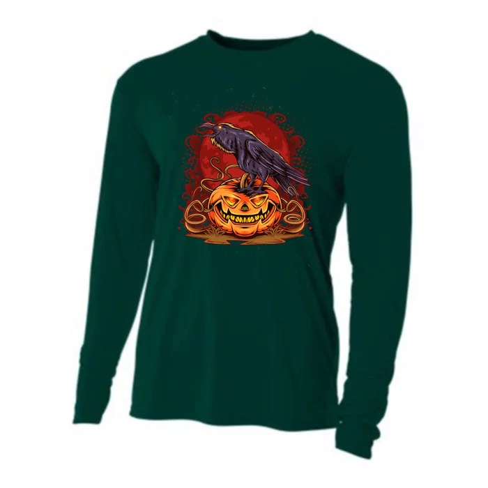 Spooky Halloween Raven Crow Jacklantern Pumpkin Cooling Performance Long Sleeve Crew