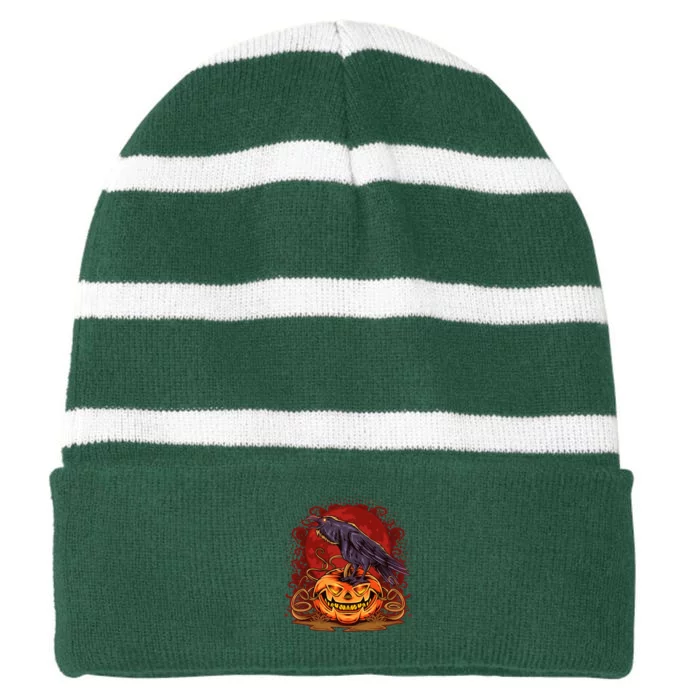 Spooky Halloween Raven Crow Jacklantern Pumpkin Striped Beanie with Solid Band