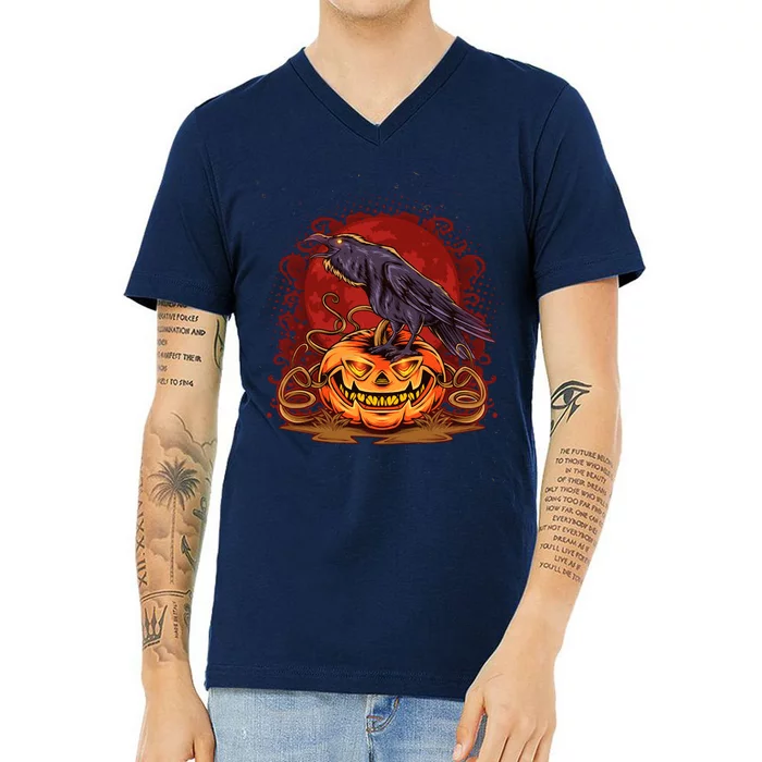 Spooky Halloween Raven Crow Jacklantern Pumpkin V-Neck T-Shirt