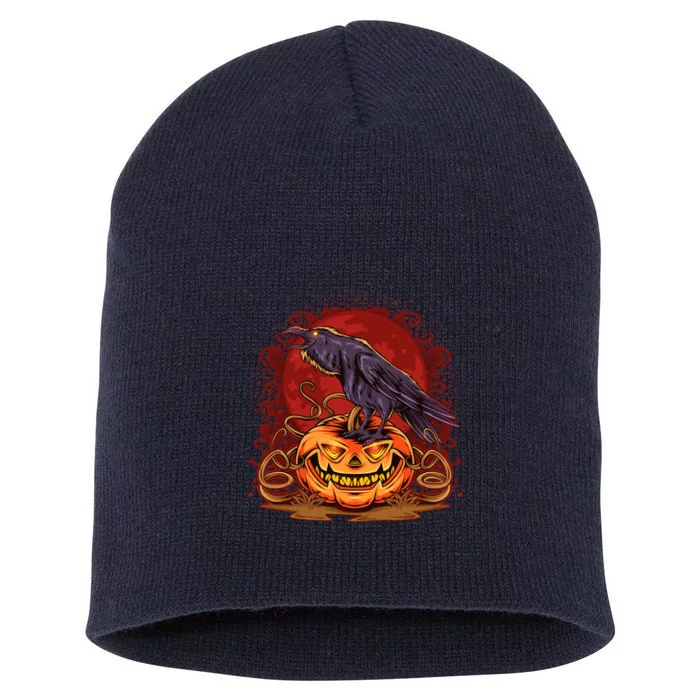 Spooky Halloween Raven Crow Jacklantern Pumpkin Short Acrylic Beanie