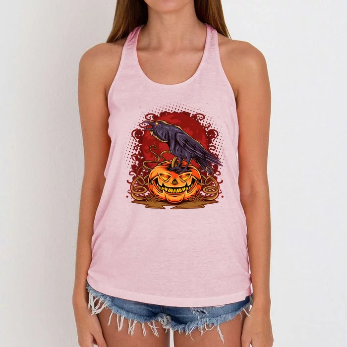 Spooky Halloween Raven Crow Jacklantern Pumpkin Women's Knotted Racerback Tank