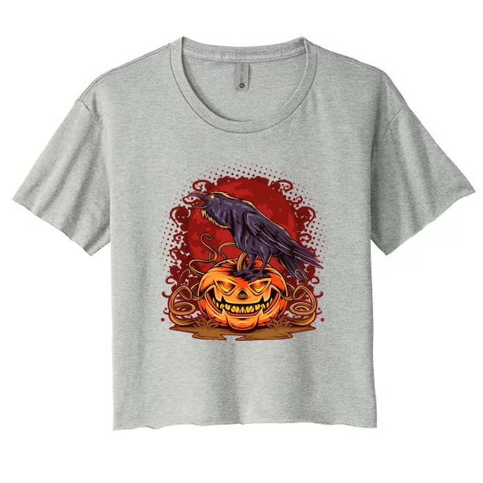 Spooky Halloween Raven Crow Jacklantern Pumpkin Women's Crop Top Tee