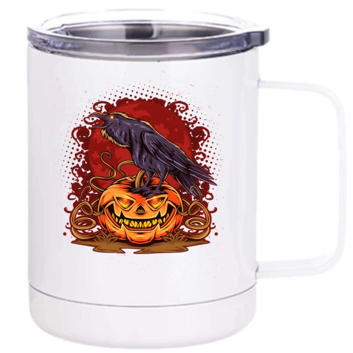 Spooky Halloween Raven Crow Jacklantern Pumpkin Front & Back 12oz Stainless Steel Tumbler Cup