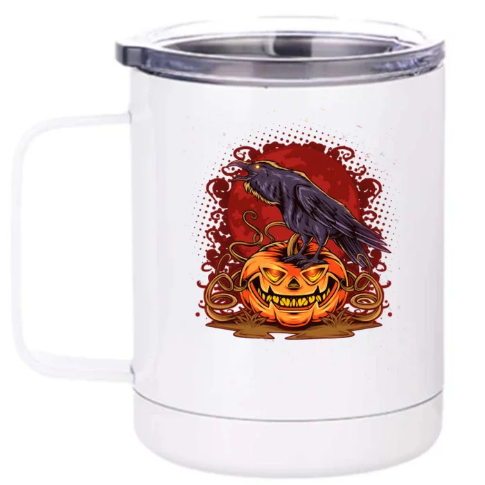 Spooky Halloween Raven Crow Jacklantern Pumpkin Front & Back 12oz Stainless Steel Tumbler Cup