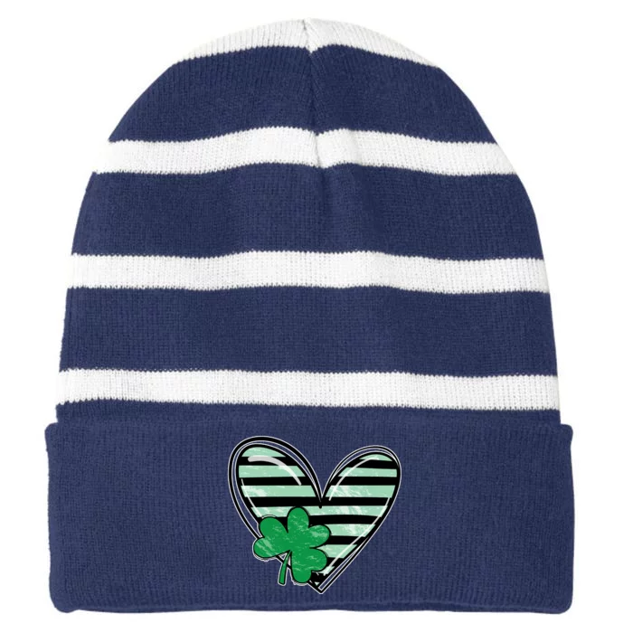 Shamrock Heart St Patrick Day Cute Striped Beanie with Solid Band