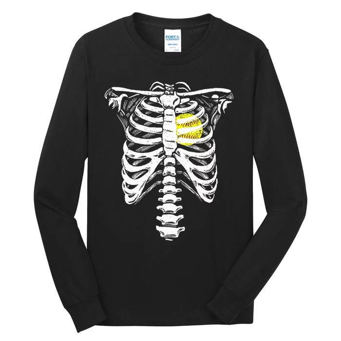 Softball Heart Skeleton Rib Cage Halloween Love Softball Tall Long Sleeve T-Shirt