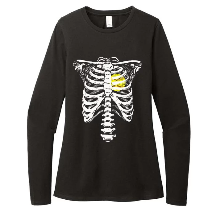 Softball Heart Skeleton Rib Cage Halloween Love Softball Womens CVC Long Sleeve Shirt