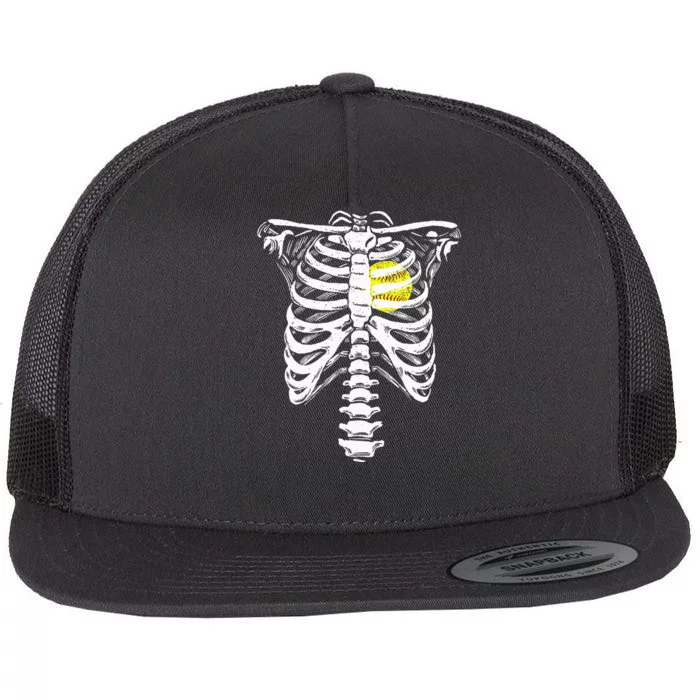 Softball Heart Skeleton Rib Cage Halloween Love Softball Flat Bill Trucker Hat