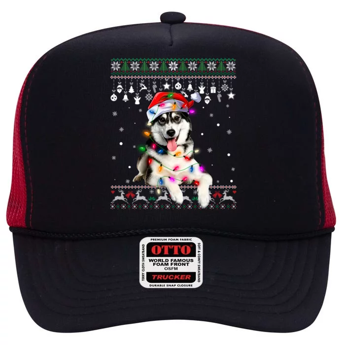 Siberian Husky Santa Christmas Tree Lights Xmas Boys Ugly Meaningful Gift High Crown Mesh Trucker Hat