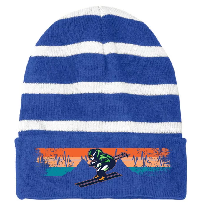 Skiing Heartbeat Ski For Skiers Retro Vintage Meaningful Gift Striped Beanie with Solid Band