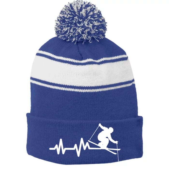 Ski Heartbeat Skiing Skier Funny Gift Stripe Pom Pom Beanie