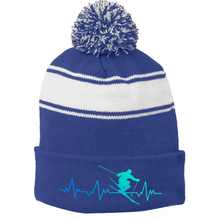 Ski Heartbeat Skiing Gift Meaningful Gift Stripe Pom Pom Beanie