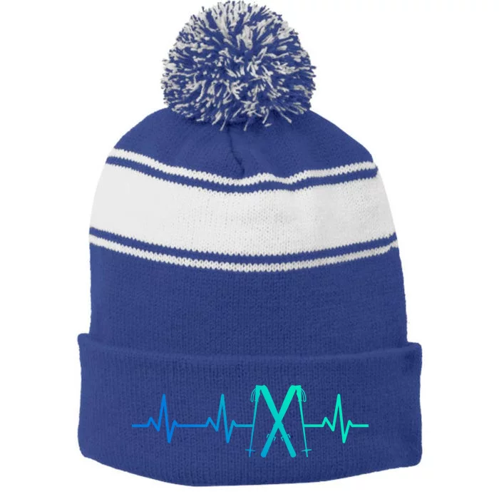 Skiing Heartbeat Skiing Enthusiast Gift Stripe Pom Pom Beanie