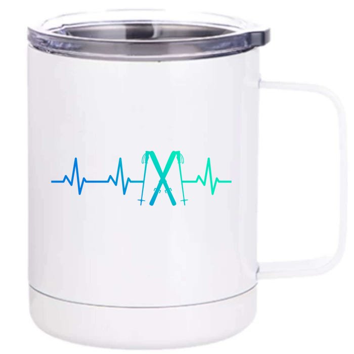 Skiing Heartbeat Skiing Enthusiast Gift Front & Back 12oz Stainless Steel Tumbler Cup