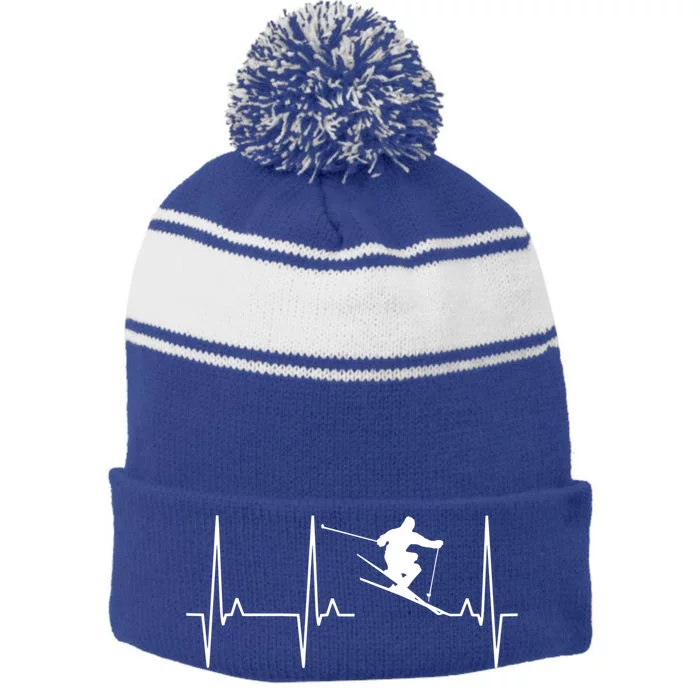 Ski Heartbeat Skiing Winter Snow Sports Skiers Players Art Gift Stripe Pom Pom Beanie