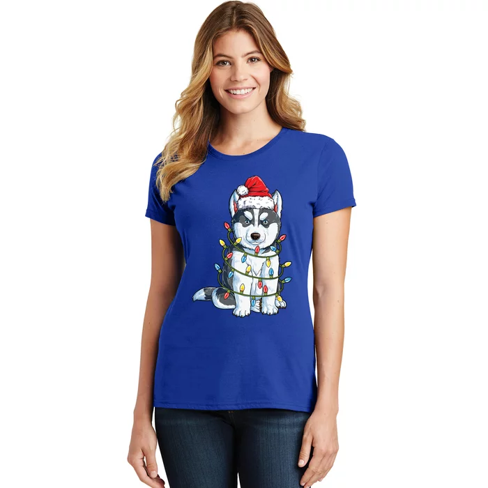 Siberian Husky Santa Christmas Tree Lights Xmas Dog Gift Women's T-Shirt